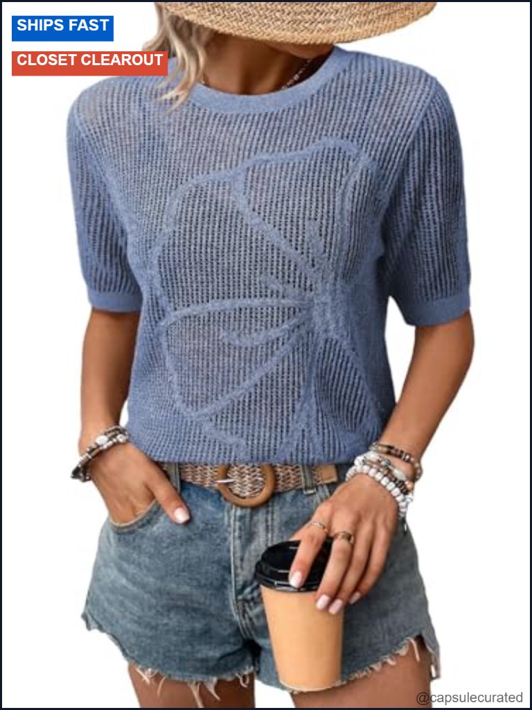 Short Sleeve Crochet Hollow Out Floral Sweater Beach Vacation Pullover